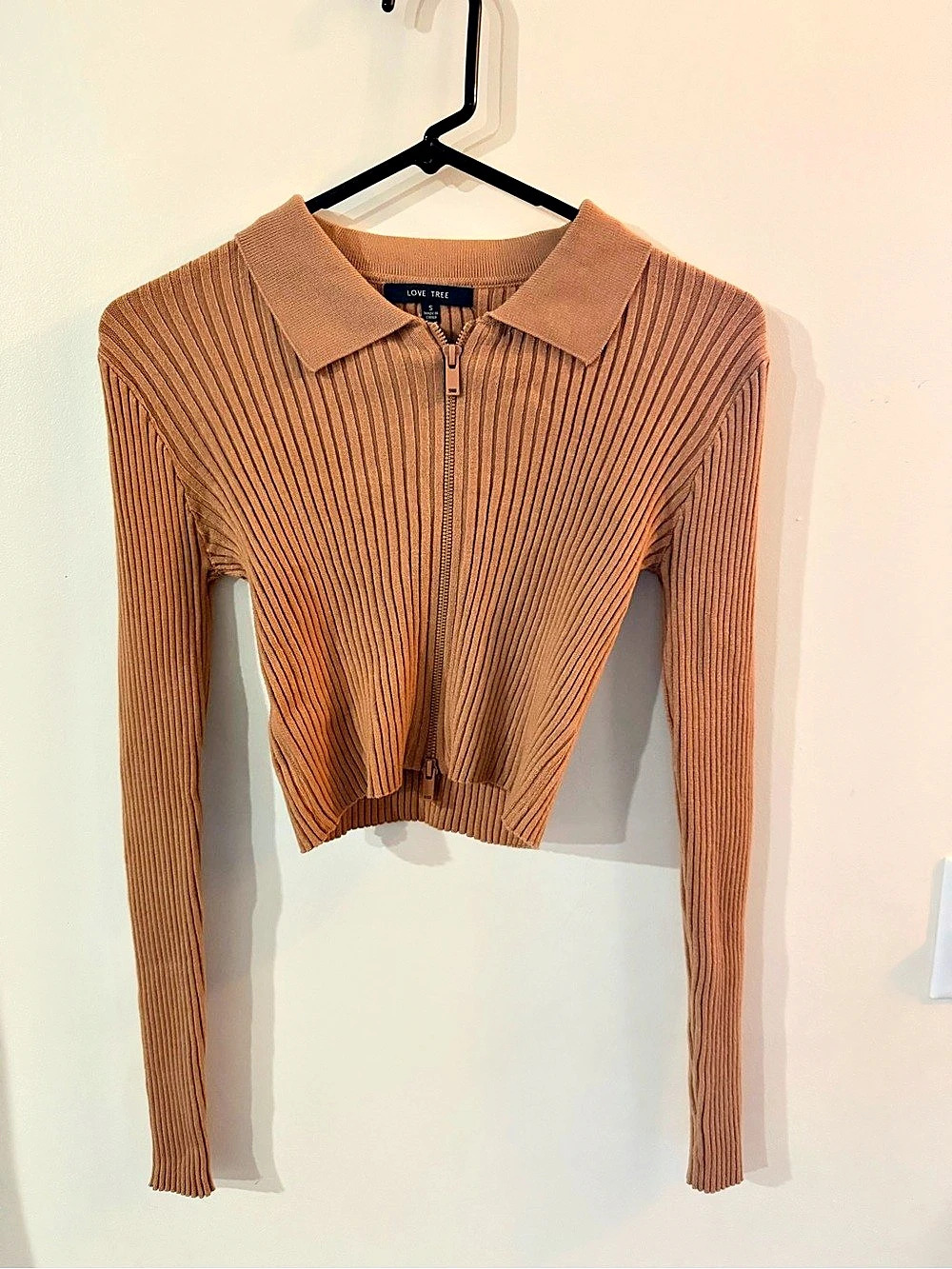 Love Tree Ribbed Zip-Up Collared Cardigan in Brown Size Small